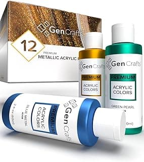 GenCrafts Metallic Acrylic Pouring Paint 12 Colors Pre-Mixed High Flow & Ready to Pour - 2 oz./60 ml Bottles - Multi-Purpose Paints for Canvas, Paper, Rocks, Wood image