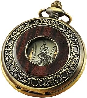 Men's Hand-Wind Mechanical Pocket Watch Vintage Steampunk Wood Grain Hollow Design with Chain and Box image