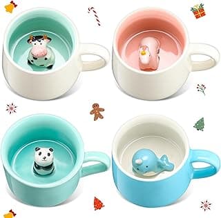 4 Pieces 3D Animal Inside Mug 3D Animal Coffee Mugs Cute Figurine Ceramics Cup Hidden 3D Unicorn Whale Panda Cow Inside Mug for Christmas Birthday Holiday Gift for Tea Coffee Lovers image