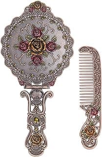 Nerien Vintage Mirror Comb Set Metal Antique Rose Style Handheld Makeup Mirror Travel Round Folding Cosmetic Mirror Women's Vanity Handle Foldable Mirror Decorative Tabletop Mirror Copper image