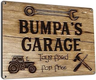 Bumpa's Garage Toys Fixed for Free, 8.5 x 11.5 Inch Aluminum Sign, Vintage Workshop and Garage Signs Wall Decor, Gifts for Papa, Papu, Pop, Woodworking, Woodturning, Cabinet Maker, Mechanic image