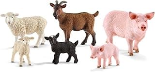 Schleich Farm World Farm Animal Toys for Toddlers & Kids Ages 3+, 6-Piece Mom and Baby Toy Farm Animal Set Pig, Piglet, Goat, Goat Kid, Lamb and Sheep Figurine Farm Set, 77584