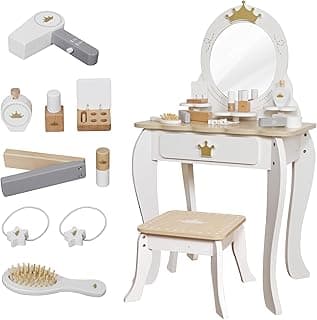 Little Girls Makeup Table with Mirror and Chair, Kids Vanity Table&Chair Set with Storage Drawer,Toddler Pretend Play Vanity Set with 9 pcs Multiple Make up Accessories,Princess Vanity Desk for 3+Kid image