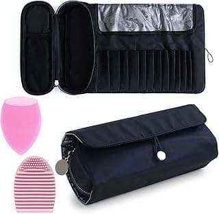 Portable Makeup Brush Organizer Makeup Brush Bag for Travel Can Hold 20+ Brushes Cosmetic Bag Makeup Brush Roll Up Case Pounch Holder for Woman With Bonus Brush Cleaning Mat and Makeup Sponge image