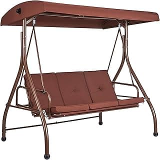 VEVOR 3-Seat Patio Swing Chair, Converting Canopy Swing, Outdoor Patio Porch with Adjustable Canopy, Removable Thick Cushion and Alloy Steel Frame, for Balcony, Backyard, Poolside, Brown image