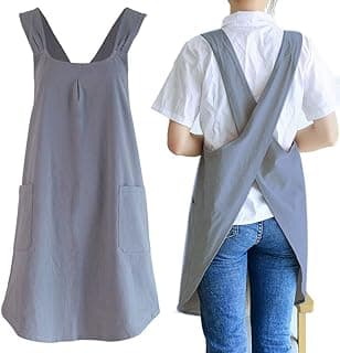 NEWGEM Japanese Linen Cross Back Kitchen Cooking Aprons for Women with Pockets Cute for Baking Painting Gardening Cleaning Gray image