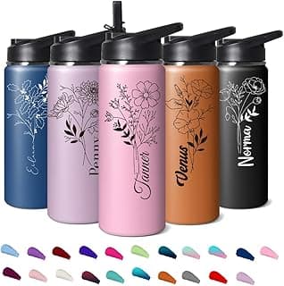 Personalized Water Bottles with Birth Flower and Name 18/32/40oz Custom Stainless Steel Insulated Bottles with Straw Lid Customized Birthday Gifts for Women