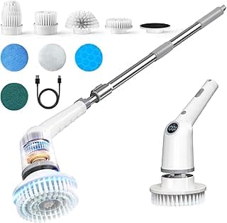 Electric Spin Scrubber,Cordless Cleaning Brush,Bathroom Shower Scrubber with Long Handle Adjustable,3 Speeds,IPX7 Waterproof,Digital Display,8 Replaceable Brush Heads for Tile Bathtub Car Kitchen Wall