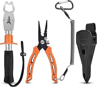 KastKing Fishing Pliers, Fish Lip Gripper or Fish Scale Combo Saltwater Resistant Fishing Tools, Fishing Gear with Rubber Handle, Lanyard, Line Cutter Hook Remover with Sheath, Ice Fishing Gift Men image