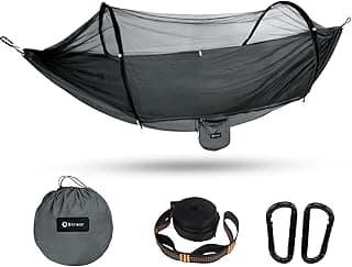 Camping Hammock- Lightweight and Portable Hammock with Mosquito Net, Pop-up Parachute Travel Hammock, Camping Accessories for Outdoor, Indoor, Backpacking, Beach w/Tree Straps (Charcoal) image