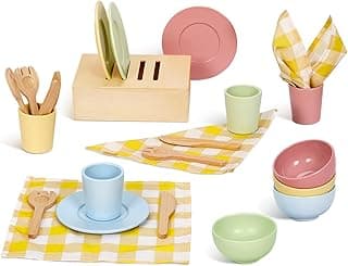 Wooden Play Dishes and Plates for Kids Kitchen Set, 25 PCS Wooden Play Kitchen Accessories, Pretend Montessori Kids Pots and Pans Playset for 3+ Toddlers image