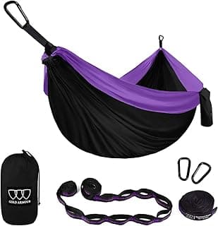 Gold Armour Camping Hammock - XL Double Hammock Portable Hammock Camping Accessories Gear for Outdoor Indoor with Tree Straps, USA Based Brand (Black and Purple) image