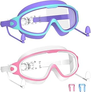 Swim Goggles for Kids 3-15 with Earplugs Large Frame Anti-Fog/UV Swimming Goggles for Boys Girls Toddler 2PCS