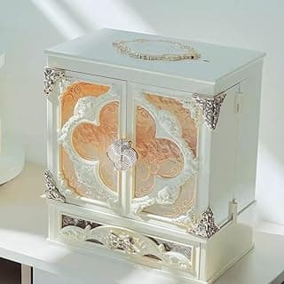 Cosmetic Mirror Storage Box with LED Light Cosmetics Organizer Box for Countertop with Lid, Drawers & handle, Portable Cosmetics Skincare Organizers Box Gifts for Women and Children (White)