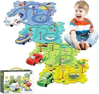 4 Sets 4in1 Puzzle Racer Kids Car Track Set,4 Theme Jigsaw Puzzle Racer Car Track Set Puzzle Track Car Play Set Puzzle Raceway Car Track Preschool Gifts for Kids Christmas Birthday Gift for Boys Girls image