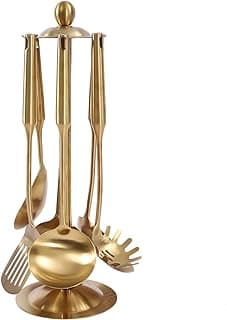 Gold Kitchen Utensils Set with Stand – 7 Piece 304 Stainless Steel Cooking Tool - Slotted Spoon, Slotted Spatula, Rice Spoon, Soup Ladle, Wok Spatula, Spaghetti Spoon, and Rotating Stand image