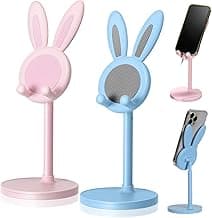 Kathfly 2 Pack Cute Bunny Phone Stand, Angle Height Adjustable Phone Stand for Desk, Kawaii Phone Holder Desk Accessories, Easter Bunny Gifts Favor for Girl Women (Pink and Blue) image