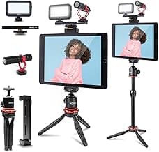 Movo Tablet Vlogging Kit for iPad - iPad Vlogging Kit with Tablet Holder, Compact Tripod, Microphone, LED Light, Cold Shoe Extension - YouTube Starter Kit with iPad Tripod Mount for Video Recording