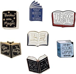7pcs Cartoon Books Enamel Pins with Beige Velvet Bag, Magic Book Badges Cute Collar Brooch Decorative Lapel Pins for Backpack Clothing Learning Graduation Gifts for Teacher Student Readers Book Lovers image