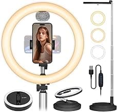 Foldable Ring Light with Stand: 11.8" Selfie Ring Light with Phone Holder & Cold Shoe Mount Adjustable Height & Brightness Tall Portable Ring Light for Live Stream Video Making Filming Black Y3 image