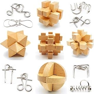 Qiandier wooden 3D Puzzle mini 5pcs with 8pcs Metal Brain Teasers Puzzles Mind Game Toys Set for Teens and Adults Medium Difficulty image
