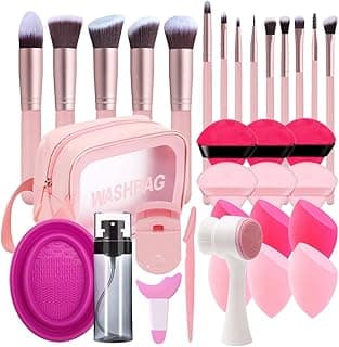 33PCS Makeup Foundation Brushes Tool Set with Sponges, Eyelash Curlers, Powder Puffs, Silicone Washing Bowls, Eye Aids, Nano Spray Bottles, Exfoliating Face Brushes, Eyebrow Trimming, Storage Bag image