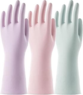 COOLJOB 3 Pairs Colorful Household Gloves with Cotton Liner & Non-slip Grip, Water Resistant Reusable Dish Washing Rubber Gloves for Kitchen & Bathroom Cleaning, Small image