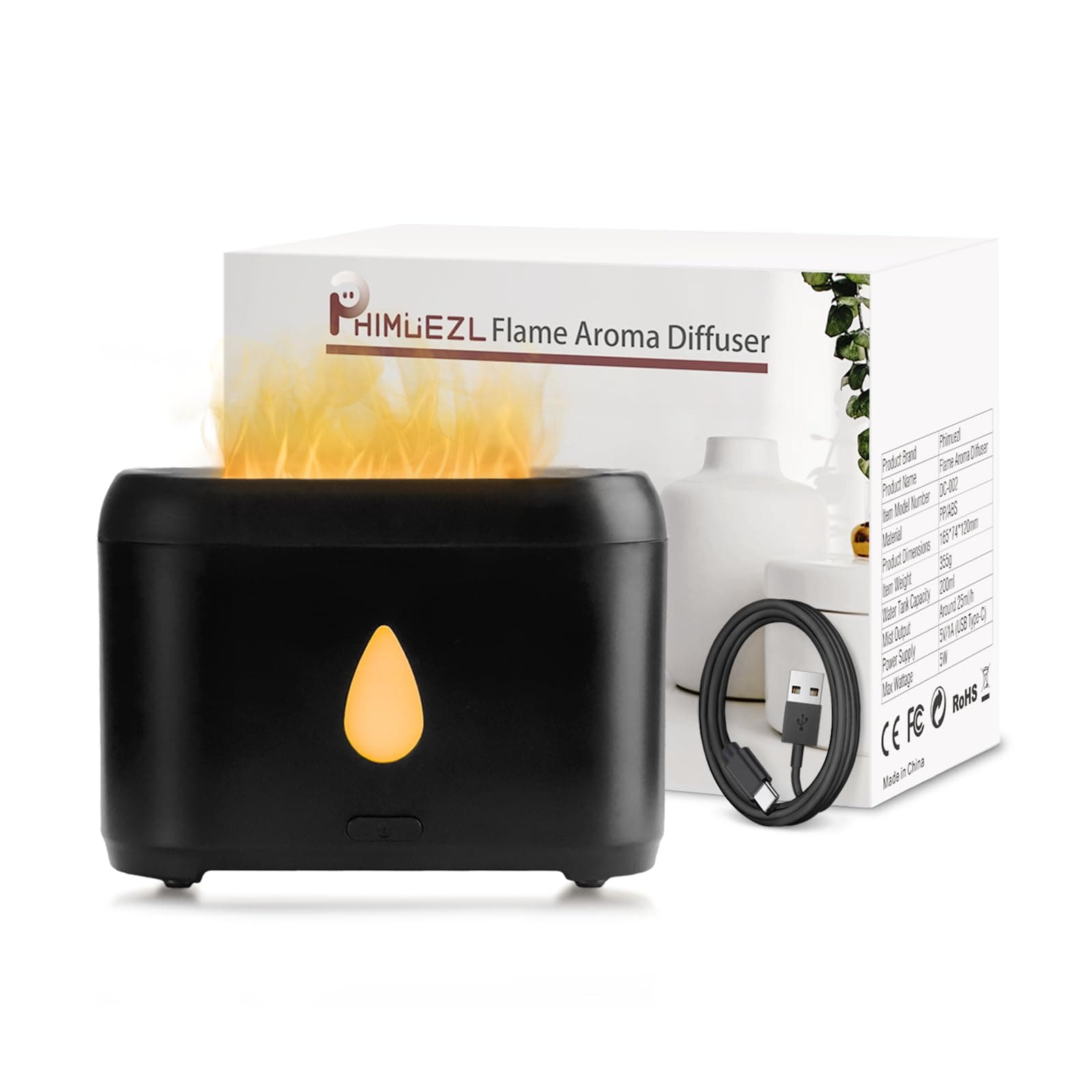 Flame Diffuser for Essential Oils, 200ml Ultrasonic Aroma Diffusers with Cool Mist, Aromatherapy Diffuser with Auto-Off Protection, Small Humidifier for Home,Office,Bedroom,Gift (Black) image