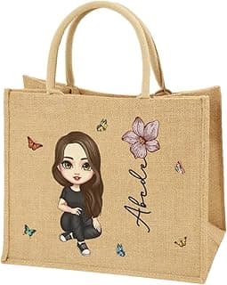 Tote Bag for Women Personalized, Custom Beach Tote, with Cartoon Character & Birth Flower & Name on Personalized Present Jute Tote Bags Gifts for Wedding, Birthday, Beach, Holiday image