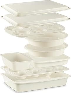 Baking Pans Set, 9-Piece Baking Sheet Set with Non-Stick Coating and Innovative Handles, Includes Exclusive Donut Pan – Ideal for Home and Professional Baking（White)