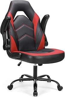 Sweetcrispy Computer Gaming Desk Chair - Ergonomic Office Executive Adjustable Swivel Task PU Leather Racing Chair with Flip-up Armrest for Adults, Kids, Men, Girls, Gamer, Black Red image
