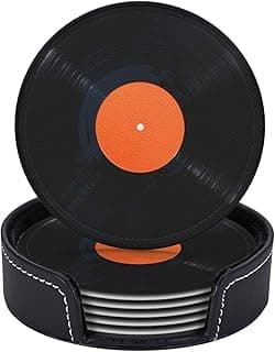 Famame 6 Pcs Record Leather Coasters for Drinks with Holder Coaster Sets Drink Table Cup Coasters for Living Room Kitchen Coffee Decor image