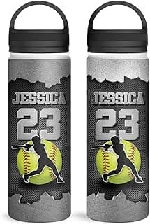winorax Softball Water Bottle Personalized Yellow Softball 32oz 18oz 12oz Insulated Stainless Steel Water Bottles Custom Number Name Sports Gifts For Boys Men Coach Players Sport Lovers image