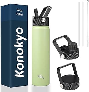 Insulated Water Bottle 24oz Stainless Steel Sport Bottles with 3 Lids,Macaron Green