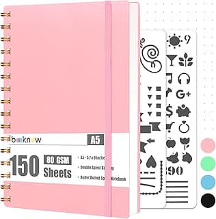 Bullet Journal Notebook A5, Pink Spiral Notebook 5x5 Dotted Grid Graph Paper with Painting Stencil Waterproof Hardcover 300 Pages/150 Sheets for Office School Women Gift image