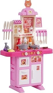 VEVOR Kids Kitchen Playset 48PCS, Pretend Play Kitchen with Cooking Stove with Steam, Sounds and Lights, Play Sink and Play Food, Toy Kitchen Set for Toddlers (Pink) Size 18.5" x 9.4" x 30.7" image