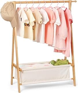 Kids Clothing Rack with Storage, Dress Up Rack, Child ClothesRack, Small Garment, for Costume, Bamboo (Natural Color)