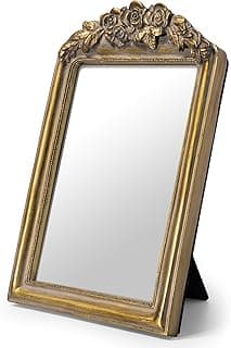 Vintage Vanity Desk Makeup Mirror Small Antique Gold Decorative Wall Mirror Resin Carved Arch Table Mirror with Stand for Living Room,Bedroom Dresser,Desktop Decor 5" x 7" ﻿ image