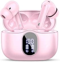 Wireless Earbuds Bluetooth 5.3 Headphones Bass Stereo Ear Buds with Noise Cancelling Mic LED Display in Ear Earphones IP7 Waterproof 36H Playtime for Laptop Pad Phones Sports Workout Pink image