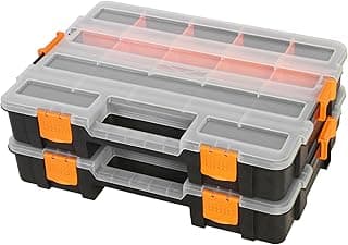 Tool Box with Transparent Lid, Single Side 17-Compartments Organizer Box with Removable Dividers for Hardware, Screws, Bolts, Nails, Beads, Jewelry and Fishing Accessories, Orange, 2 Pack