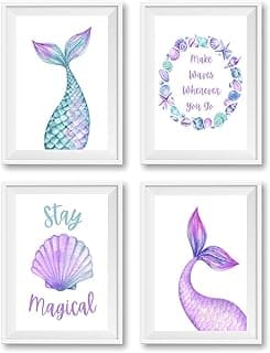 4Pcs Mermaid Wall Art Colorful Mermaid Tail Canvas Painting Shell Starfish Pictures Nursery Inspirational Quotes Wall Decor Watercolor Ocean Animal Posters Prints for Kids Girl Bedroom Unframed