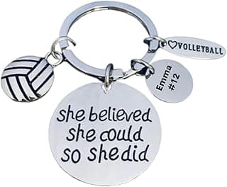 Personalized Volleyball Keychain, Inspirational Name and Number Engraved, "She Believed She Could" Charm (Round)
