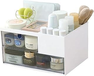 Makeup Organizer with 2 Drawers, Desk Organizer, 4 Compartments, Cosmetics Storage Box for nail polish,Lipstick, Brushes, Jewelry, Skincare, Bathroom Organization Boxes - White image