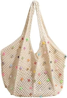 Boho Crochet Beach Tote Shoulder Bag with Colored Beads | Colorful Aesthetic Hippie Knit Bag for Women image