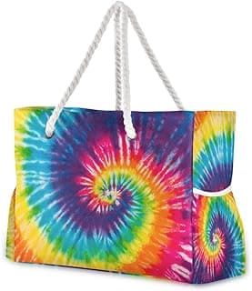 Beach Bag, Abstract Swirl Design Tie Dye Shoulder Beach Tote with Cotton Rope Handles image