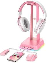 RGB Headphones Stand with 3.5mm AUX and 3 USB 2.0 Ports, Gaming Headset Holder Hanger with Non-Slip Rubber Base for SOSISU Gaming Headset(Not Included), PC, Desktop (Pink) image