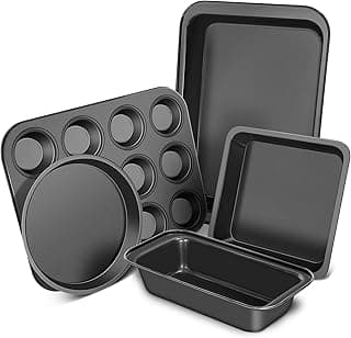 Baking Pans Set, 5-Piece Nonstick Bakeware Set with Round/Square Cake Pan, Loaf Pan, Cookie Sheet and 12 Cups Muffin Pan, Kitchen Cookware Pan Baking Sheet Set for Oven Baking Supplies image