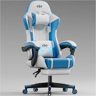 HLDIRECT Gaming Chair, Video Game Chair, Gamer Computer Chair, Ergonomic Gaming Chairs for Adults with Headrest and Lumbar Support, Swivel PU Leather Office Chair, Whtie & Blue image
