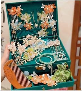 Children's Traditional Chinese Hair Accessories Gift Set, Teal Box （A gift box and 23 accessories）