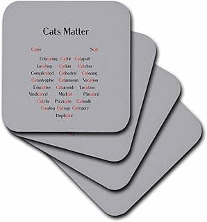 Set of 8 Ceramic Tile Coasters - Words Containing The Word Cat in The Shape of A Cat Head Art - Animals image
